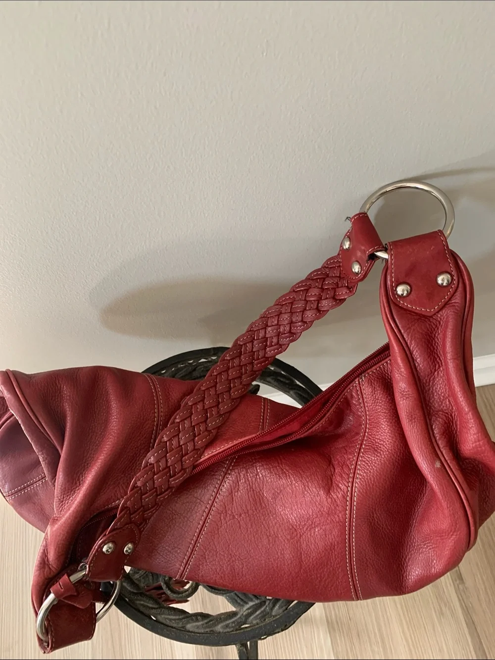 a.n.a Red Leather Braided-Strap Hobo with Tassel